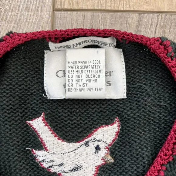 Vintage Womens Winter Sweater Size M Christmas Green 90s Beaded Hand Embroidered - Picture 9 of 13